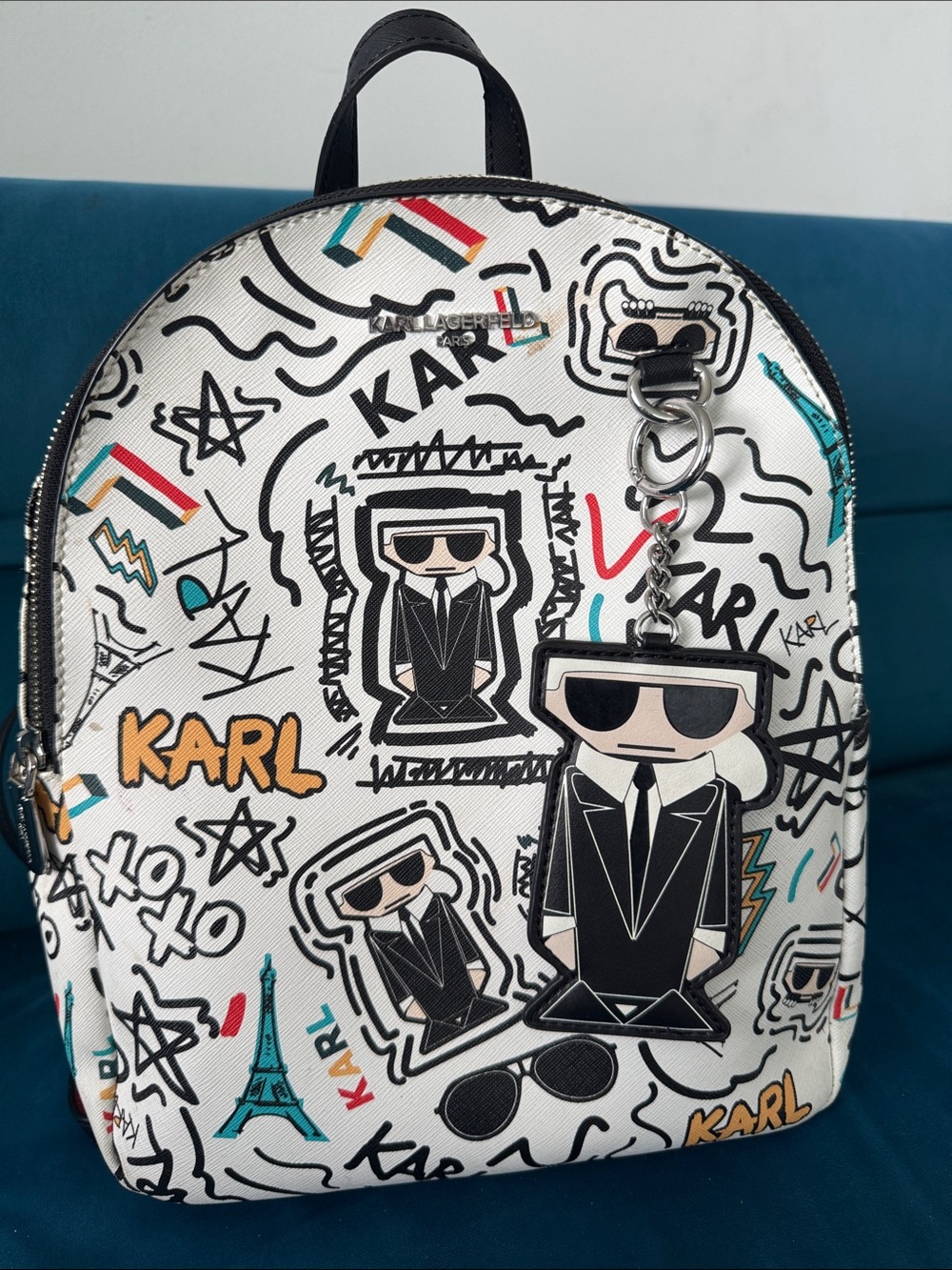 Karl Lagerfeld White Multi-Accent Graphic Leatherette Backpack